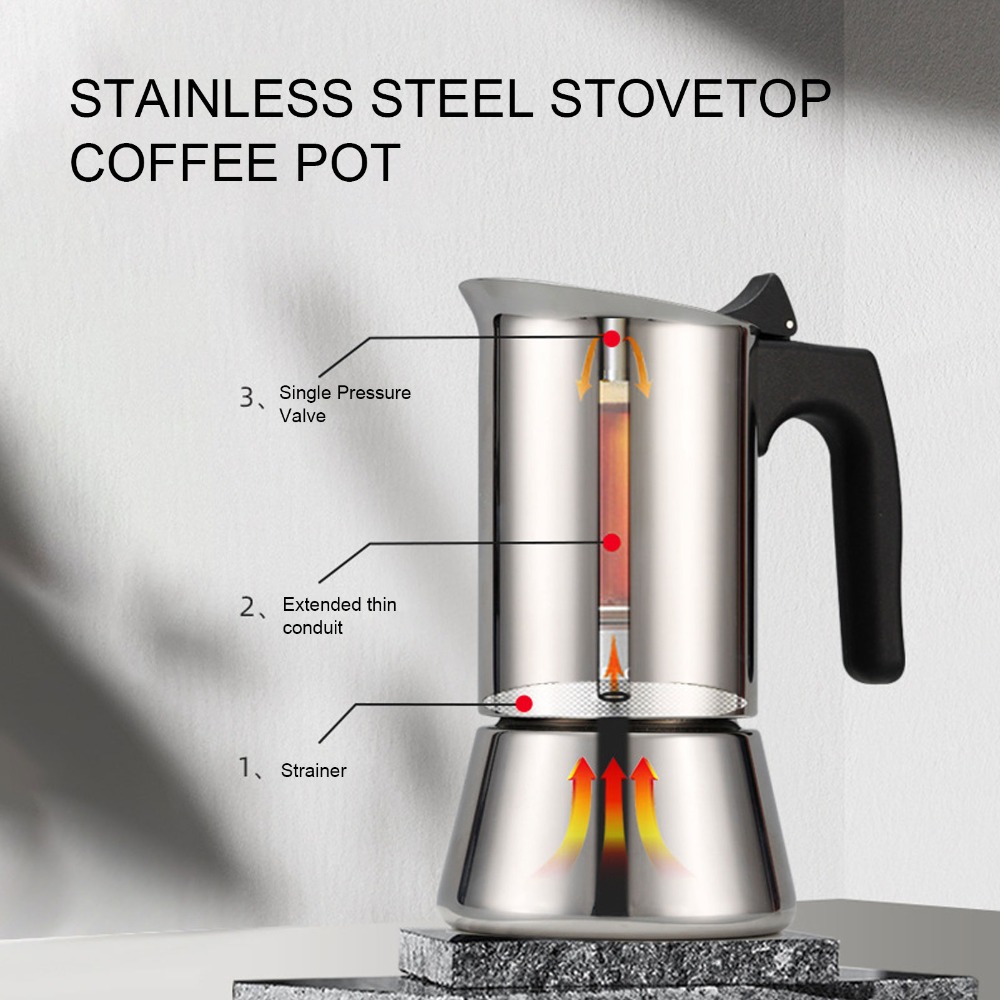 Coffee Equipment Wdt - หม้อโมก้าพอทสแตนเลส ความจุขนาดใหญ่ สีเงิน หม้อโมก้าพอทสำหรับเตาแก๊ส โครงสร้างแข็งแรง เครื่องชงกาแฟเอสเพรสโซแบบใช้เตาแก๊ส